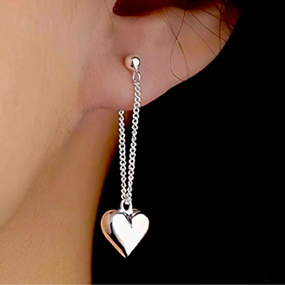 Sterling silver, dainty heart drop dangle earrings NEW